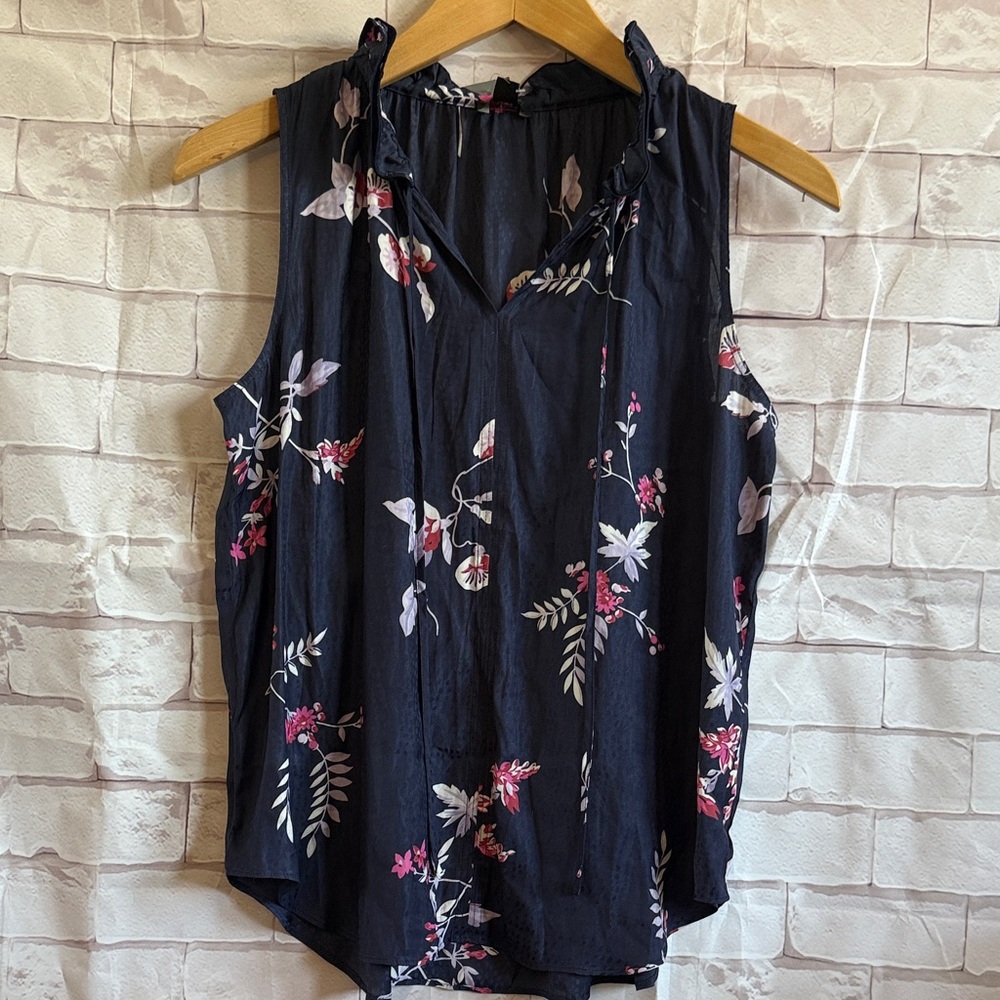 Ann Taylor Navy Floral Sleeveless Ruffle Tie-Neck Top